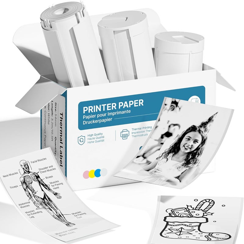 TYPONOS Genuine Self-Adhesive Thermal Printer Stickers, 54mmx3.2m Sticker Paper, Compatible with PM290 Mini Sticker Printer, Thermal Sticker Paper for Journal, Study, Photos, 3 Rolls, White - Image 1